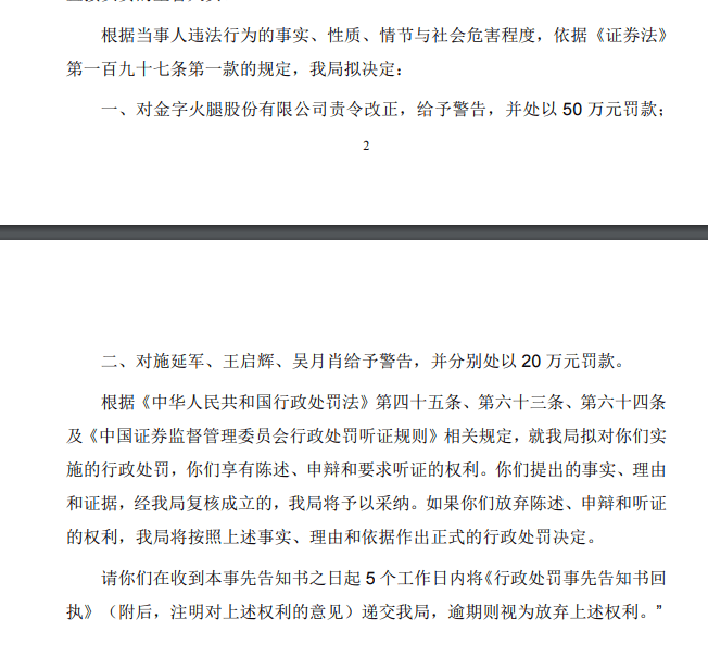 女婿炒期货坑岳父半个亿，后续来了！证监局：对金字火腿罚款50万元