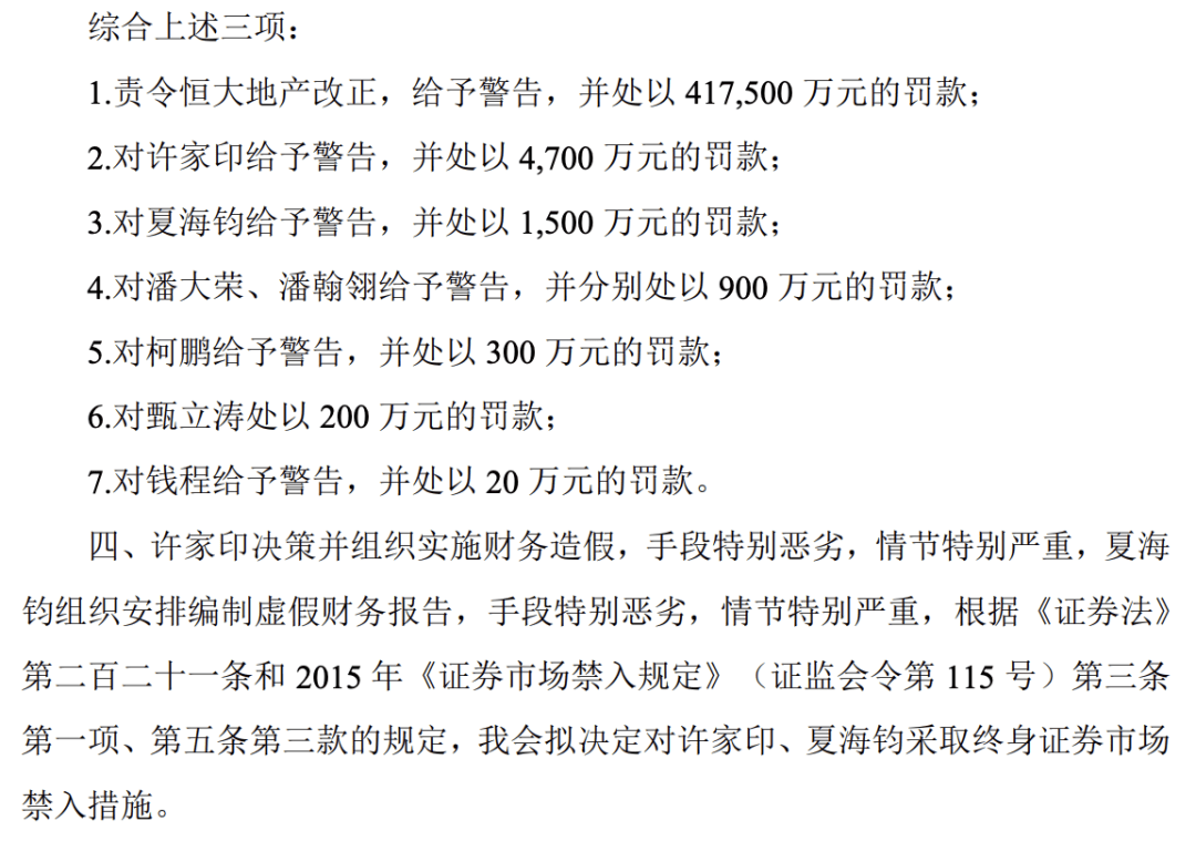 证监会：拟决定对许家印、夏海钧采取终身证券市场禁入措施