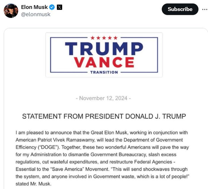 马斯克确认将领导“政府效率部”对抗官僚主义：<strong></p>
<p>飙升币行情</strong>你可不知道这将产生多大影响