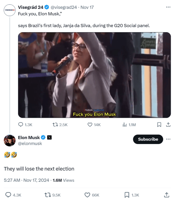 巴西第一夫人：去你X的<strong></p>
<p>币圈论坛社区</strong>，马斯克