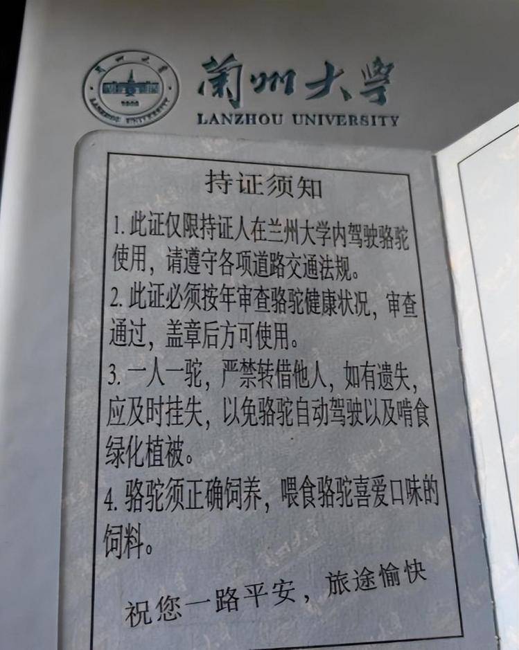 一人一驼<strong></p>
<p>莱姆币</strong>，骆驼尾气排放超标要扣分？兰大回应学生持证骑骆驼上学：骆驼驾驶证为学校文创，非官方证件